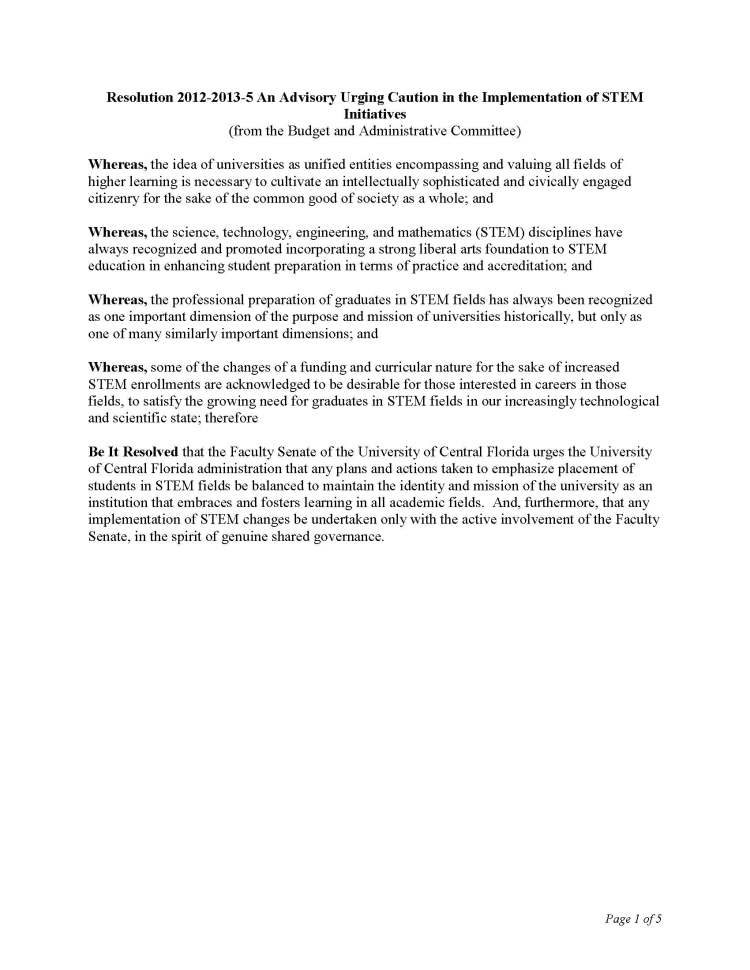 Resolution 2012-2013-5 An Advisory Urging Caution in the Implementation of STEM Initiatives